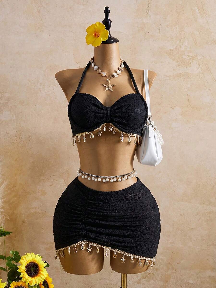 Bellisia Women's Latest Fashion Twisted Rope Halter Strap, Beach Outfit With Ocean Accessories, Beige Swimwear 3-Piece Set, Spring/Summer/Autumn - Black - View 1