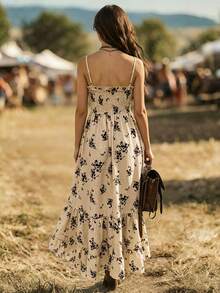 Balvessa Women's Jacquard Printed Irregular Hemline Elegant Style Halter Dress - Apricot - View 2