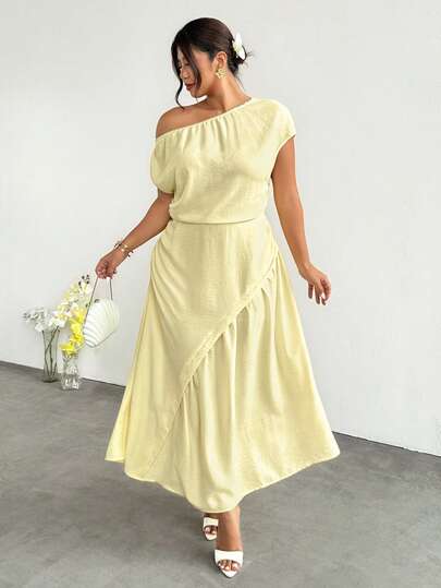 Firerie Plus Size Women's Solid Color Off-Shoulder Cap Sleeve Elegant Dress