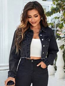 EMERY ROSE Áo khoác denim nữ tay dài cài một hàng khuy, đính ngọc trai, kiểu dáng thường ngày - màu đen - Xem 1