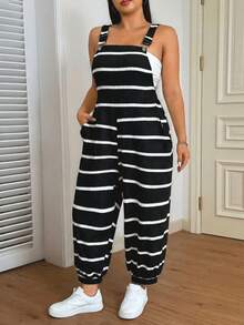 SHEIN EZwear Plus Size Black & White Ribbed Elastic Ribbed Bib Pants - Black - View 5