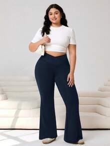 Solflare Pantalones acampanados de talla grande con cintura elástica en V de unicolor - Azul Marino - Ver 5