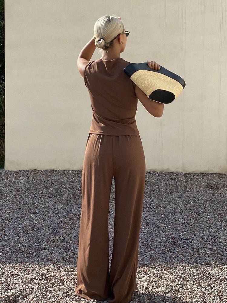 Women's Solid Color Pleated Shirt And Wide Leg Pants Elegant Vacation Summer 2 Pieces Set