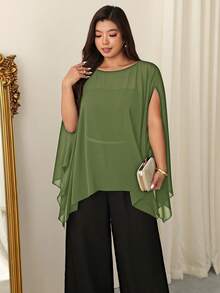 Firerie Plus Size Women's Solid Color Round Neck Cape Sleeve Elegant Blouse Fall - Green - View 1
