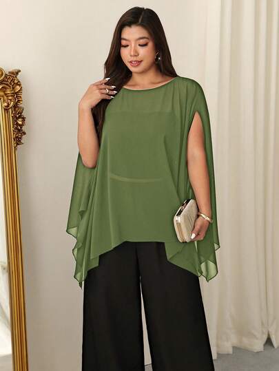 Firerie Áo kiểu dáng thanh lịch cổ tròn tay lửng màu trơn dành cho nữ cỡ lớn