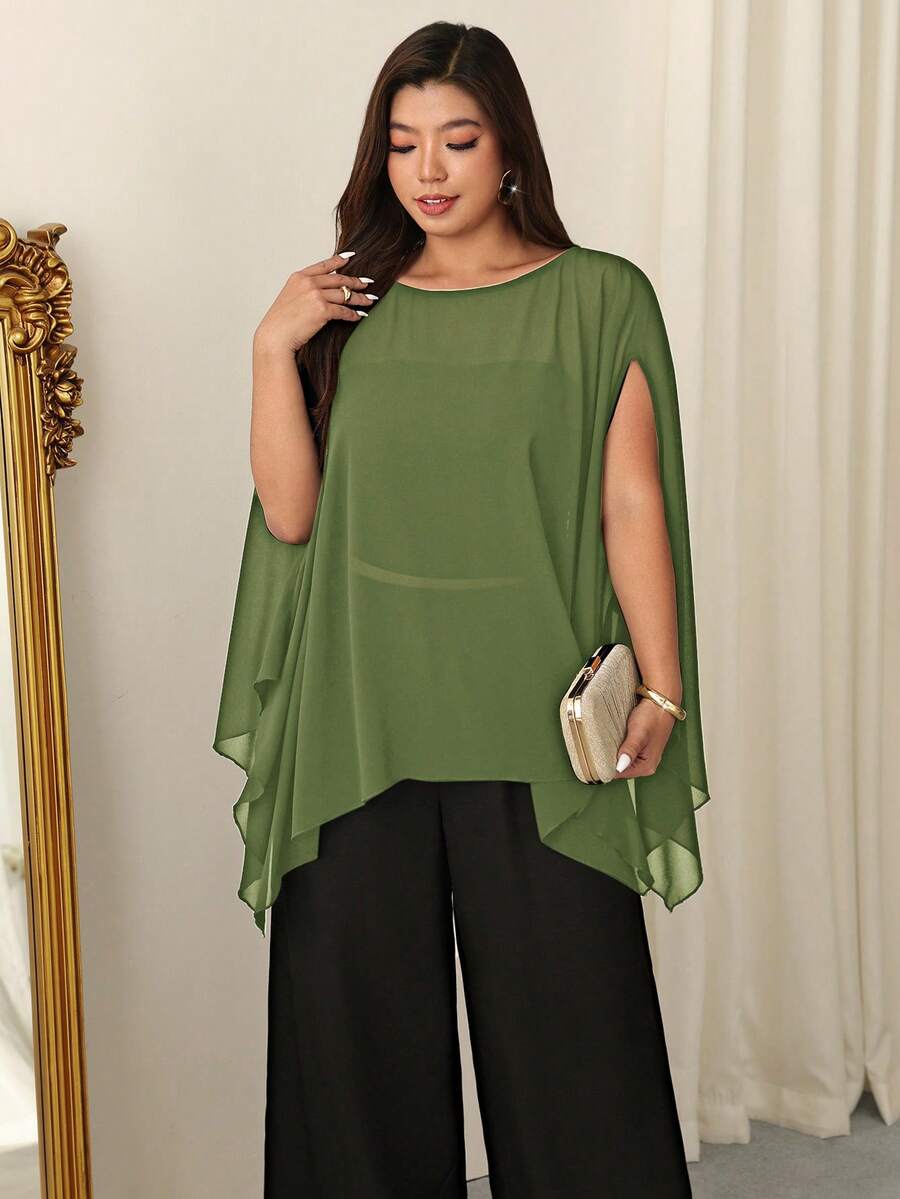Firerie Plus Size Women's Solid Color Round Neck Cape Sleeve Elegant Blouse Fall - Green - View 1