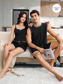 CoupledUp Bộ đồ ngủ nam mềm mại, có họa tiết, kiểu dáng thường ngày, gồm áo ba lỗ và quần short. - màu đen - Xem 7