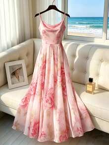 SHEIN Franclia Women's Elegant Blush Pink Floral French Dress,Summer Garden Party Wedding Guest Gown,Holiday Elegant Cowl Neck Gradient Strap Large Swing Dress - Baby Pink - View 1