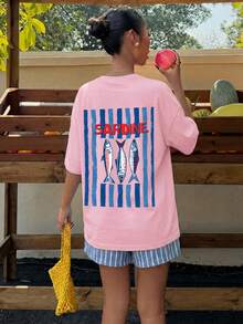 Women's Oversized T-Shirt With Pink And Red Striped Slogan Print, Casual Summer Holiday Style, Loose Fit, Round Neck, Short Sleeve, Comfortable - 嬰兒粉 4 - 查看 4