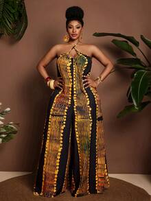 Maweii Mono sin mangas con cuello halter y estampado, adecuado para vacaciones y citas, talla grande - Dorado - Ver 5