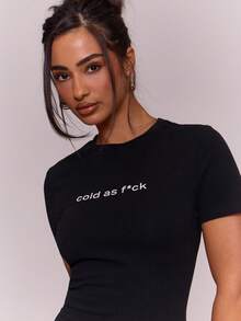MUSERA Áo ôm dáng in họa tiết "Cold As F*Ck" gợi cảm, thích hợp cho mùa xuân hè, buổi tối, dễ thương, thanh lịch, hẹn hò, lễ hội, kỳ nghỉ, câu lạc bộ Ibiza. - màu đen - Xem 1
