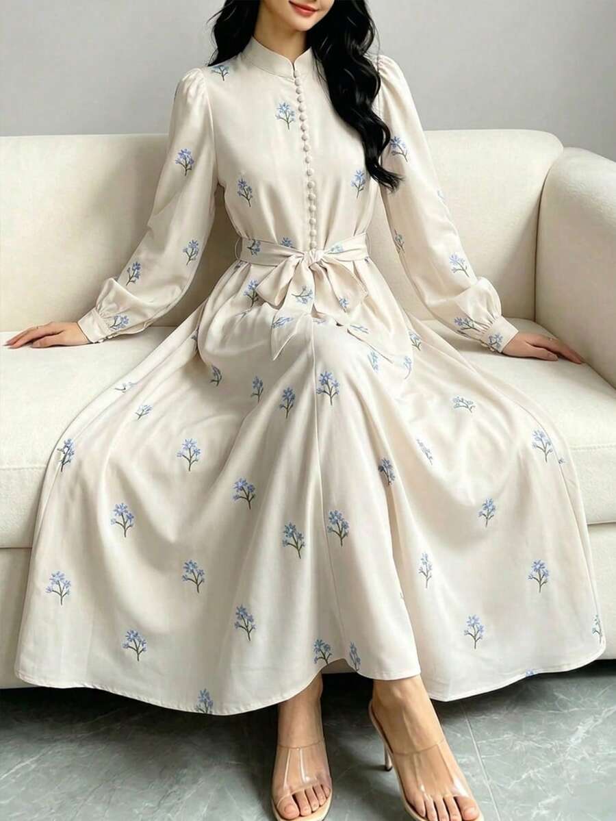 Modelyn 女士碎花系带连衣裙，立领长袖