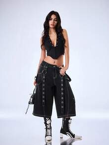 Y2Kool BiGraphic Quần jeans nữ dáng rộng ống lửng 7/8, cạp chun. - màu đen - Xem 5