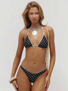 Musera Resort Kontrast Polka Dot Dreieck Bikini Nur Sommer Schwimmen Strand Urlaub Alltag Sexy Süß Reise Bambola - Schwarz - Übersicht 2