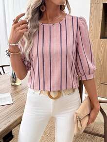 EMERY ROSE Women's Casual Commuter Printed Lantern Sleeve Shirt,Summer Top - Multicolor - View 3