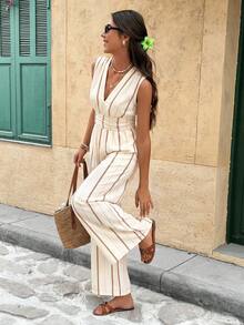 SHEIN Frenchy Bộ áo liền quần nữ cổ chữ V kẻ sọc kiểu dáng thường ngày - Màu be - Xem 1