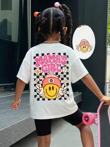SHEIN Bộ 2 món cho bé gái/trẻ em, áo thun trắng in họa tiết rộng rãi và quần legging đen, trang phục thường ngày năng động, phù hợp cho dã ngoại, du lịch, cắm trại, chụp ảnh, hoặc cả gia đình cùng mặc. - trắng - Xem 1