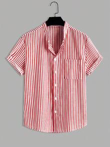 Manfinity Homme Men's Striped Short Sleeve Single-Breasted Casual Shirt - Red and White - View 1