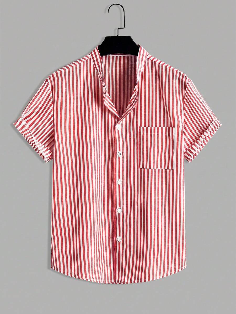Manfinity Homme Men's Striped Short Sleeve Single-Breasted Casual Shirt - Red and White - View 1