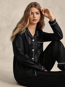 EverLounge Contrast Piping Satin PJ Set / Pajama Set, Fall Winter Clothes Cozy And Elegant Details - Black - View 1