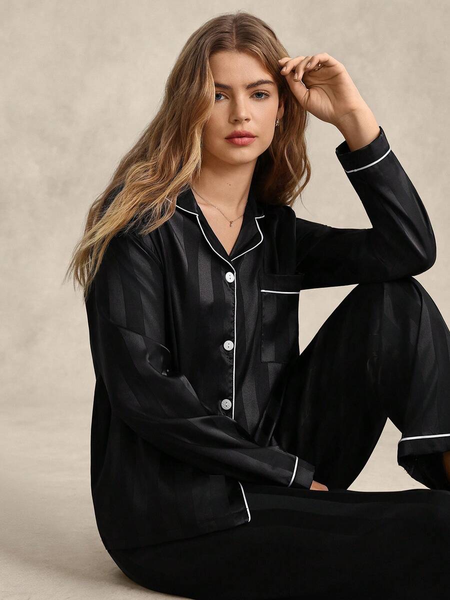 EverLounge Contrast Piping Satin PJ Set / Pajama Set, Fall Winter Clothes Cozy And Elegant Details - Black - View 1