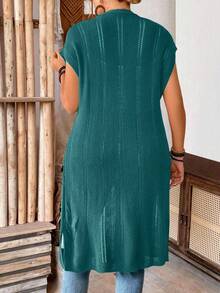 SHEIN LUNE CURVE Plus Size Women's Sleeveless Hollow Out Long Cardigan, Lightweight, Suitable For Vacation, Commute, St. Patrick's Day, Spring/Summer - Teal Blue - View 2
