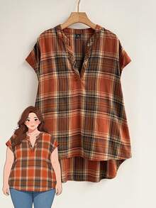 Rusticease Plus Size Women's Plaid Blouse, Autumn 90s 1950s Vintage Hiking Notch Neck Batwing Short Sleeve Loose Fit Tunic Top, Casual Striped Summer Vacation - Multicolor - View 1