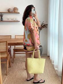 Enliva Jolene.Mendez Plus Size Women's Holiday Casual Tropical Bohemian Fruit & Plant Printed Asymmetrical Short Sleeve Shirt Top + Beach Shorts 2pcs Set, Holiday Outfits Boho, For Apple Rounded Body Shape, For Summer - Multicolor - View 2