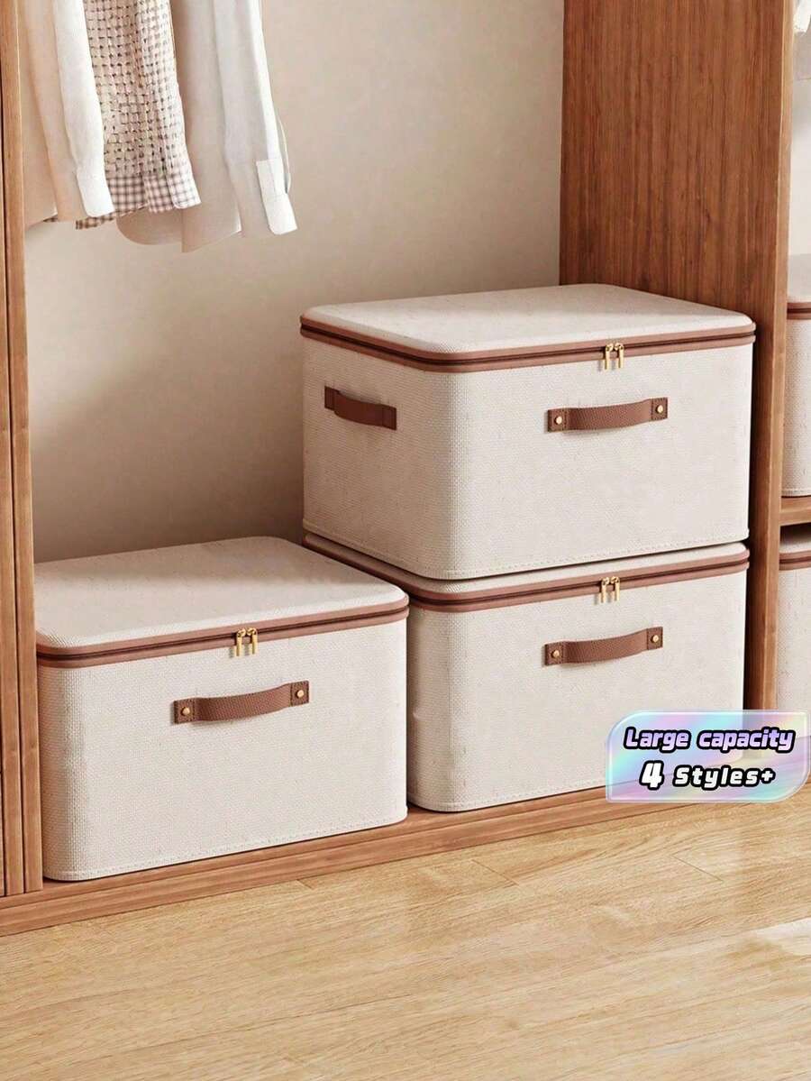 1/2 Packs Zippered Fabric Storage Box, Foldable & Washable Closet Organizer, With Handle (Beige) - Beige - View 1