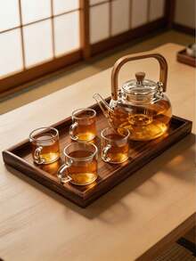 1 Set Of 1 Pot With 6 Cups And A Tray, 1 Pot With 4 Cups And A Tray, High-Temperature Resistant Glass Tea Pot In Modern Minimalist Style, Walnut Wood Color, Tea Infuser Pot For Brewing Tea, Tea Infuser Pot For Brewing Tea, Tea Infuser Set For Use In Parties, Gatherings, All Seasons. - Double Layer Cup Flower Tea Set - View 2
