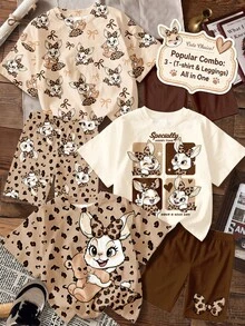[Bộ sản phẩm phổ biến: 3 món (Áo phông & Quần legging) trong một] Họa tiết báo đốm nơ cổ điển và thỏ hoạt hình dễ thương, thích hợp cho mùa tựu trường, màu kaki, phong cách Mori Girl ngọt ngào retro, graffiti, nữ tính, thoải mái, Y2K, bộ áo phông tay ngắn rộng rãi và quần legging cho bé gái tuổi teen, bộ 3 món, thích hợp cho mùa hè. - Nhiều màu - Xem 1