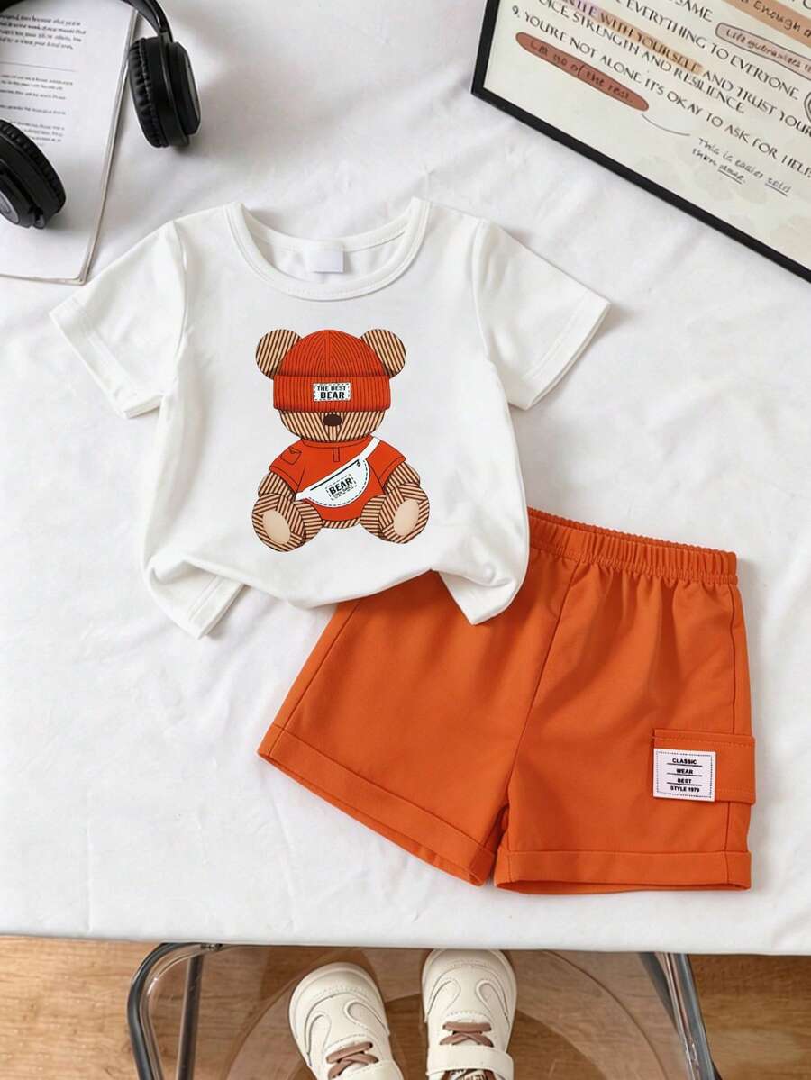 SHEIN Playful Pals 2件套婴幼儿男女通用0-3岁小熊印花圆领短袖上衣和松紧腰短裤套装,适合户外运动、休闲外出、购物和旅行,适合6个月至2-3岁宝宝穿着。 - 橘色 - 查看 1