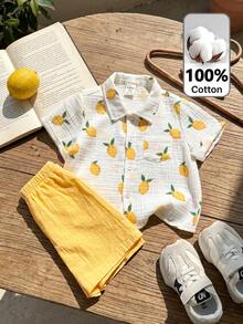 LMoss Kids Baby Boy Cute Lemon Print Shirt And Yellow Elastic Waist Shorts Set, Suitable For Spring/Summer, Vacation, Casual Fashion - Multicolor - View 3