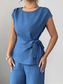 Elenzga Blusa ajustada elegante de mujer con cuello redondo azul, puños con lazo y drapeado, para primavera/verano - Azul - Ver 4