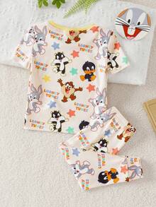LOONEY TUNES X SHEIN Bộ đồ ngủ bé trai in hình hoạt hình, gồm áo tay ngắn cổ tròn và quần legging. - trắng - Xem 2
