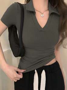 DAZY Women's Slim Fit Short Sleeve Polo Shirt, Solid Color Summer - Olive Green - View 9