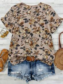 Linhara Plus Size Woven Casual Resort Summer Women's Shirt - Apricot - View 2
