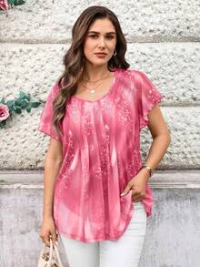 EMERY ROSE Plus Size Women Summer Pink Floral Print Elegant Tea Party Brunch Tunic Blouse,Round Neck Ruffle Trim Short Sleeve Casual Loose Fit Vacation Shirt - Hot Pink - View 1