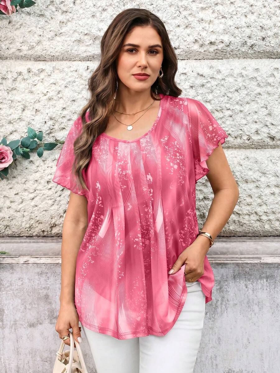 EMERY ROSE Plus Size Women Summer Pink Floral Print Elegant Tea Party Brunch Tunic Blouse,Round Neck Ruffle Trim Short Sleeve Casual Loose Fit Vacation Shirt - Hot Pink - View 1