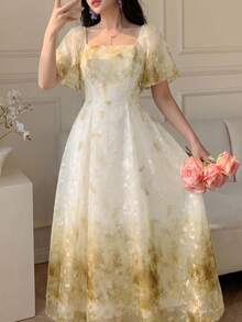 Modelyn Đầm xòe in họa tiết cổ vuông tay ngắn nhấn eo thanh lịch thời trang xuân hè - Màu vàng - Xem 4