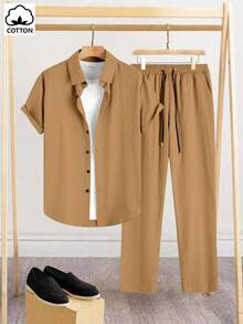 Manfinity Homme Men's Solid Color Short Sleeve Shirt And Pants Casual Suit - Mocha Brown - View 3