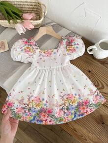 SHEIN Baby Girl Woven Ditsy Floral Square Collar Petal Sleeve Casual Cute Big Bow Decor Dress - Multicolor - View 6