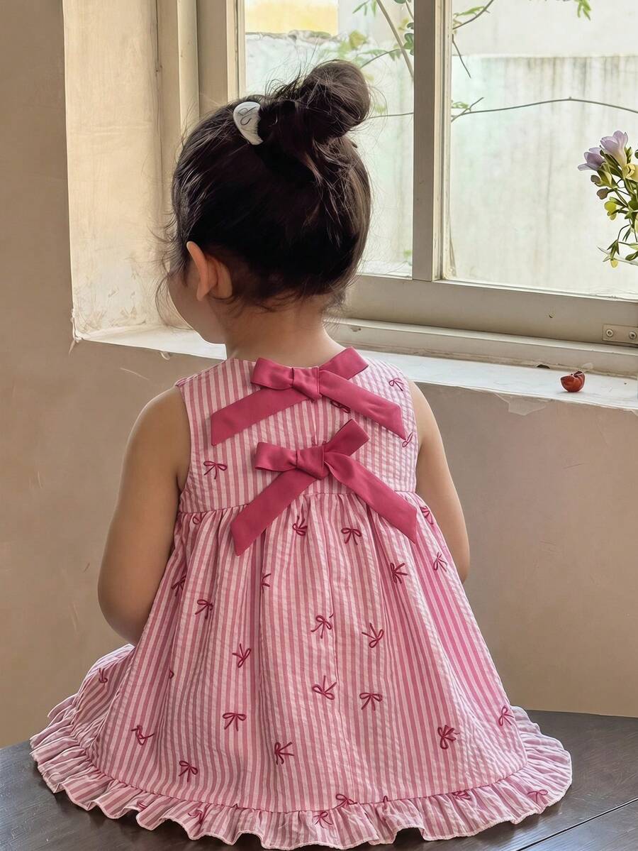 SHEIN Sweetheart Striped Backless Bow A-Line Dress For Girls, Soft Pink Butterfly Ruffle Hem Princess Dress - Pink - View 1