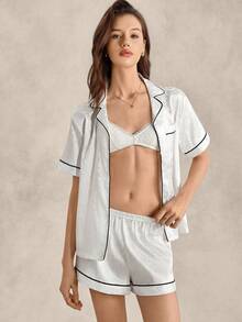 EverLounge Bộ đồ ngủ/Pjama màu trắng, áo cánh và quần đùi bằng vải satin họa tiết da báo Jacquard tương phản - trắng - Xem 3