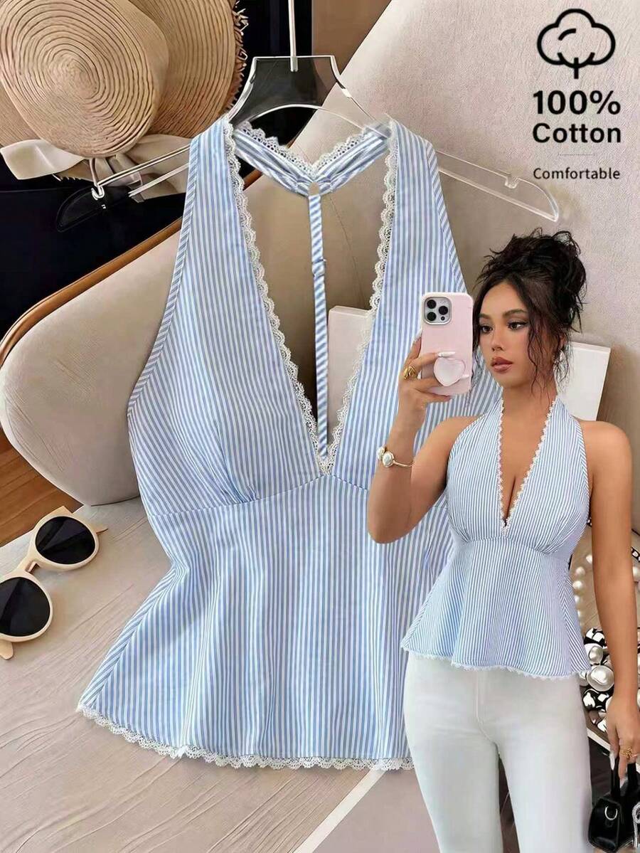SHEIN Elenzya 女士撞色蕾丝条纹吊带背心 - 藍白色 - 查看 1