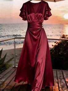 coración de botones para mujer, vestido de seda, vestido ajustado de satén, vestido de satén champán, vestido largo de fiesta, vestido de seda elegante, vestido de lujo, vestido estilo diosa - Burdeos - Ver 3