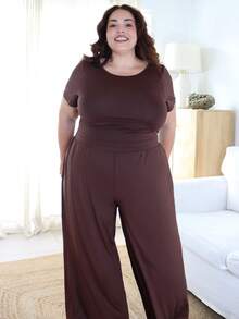 Pretty and Ole 大尺碼夏季女款休閒套裝，寬腿褲套裝，夏季套裝 春季優雅 - 咖啡棕 - 查看 6