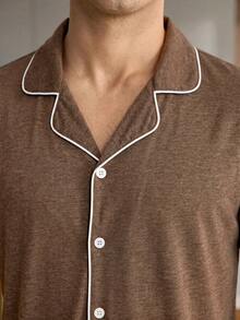 CoupledUp Men's Brown Notched Collar Open Front Striped Trim Soft Draping Knit Fabric Short Sleeve Shorts Set, Casual Loungewear For Spring, Summer & Autumn - Brown - View 6