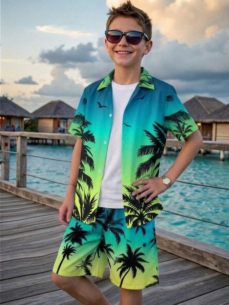 两件套青少年男童休闲宽松 Polo 领短袖衬衫和短裤套装