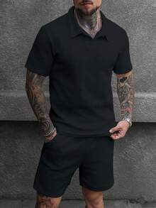Manfinity Homme Men's Textured Loose Fit Short Sleeve Casual Polo Shirt Set - Black - View 1